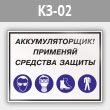 Знак «Аккумуляторщик! Применяй средства защиты», КЗ-02 (металл, 400х300 мм)